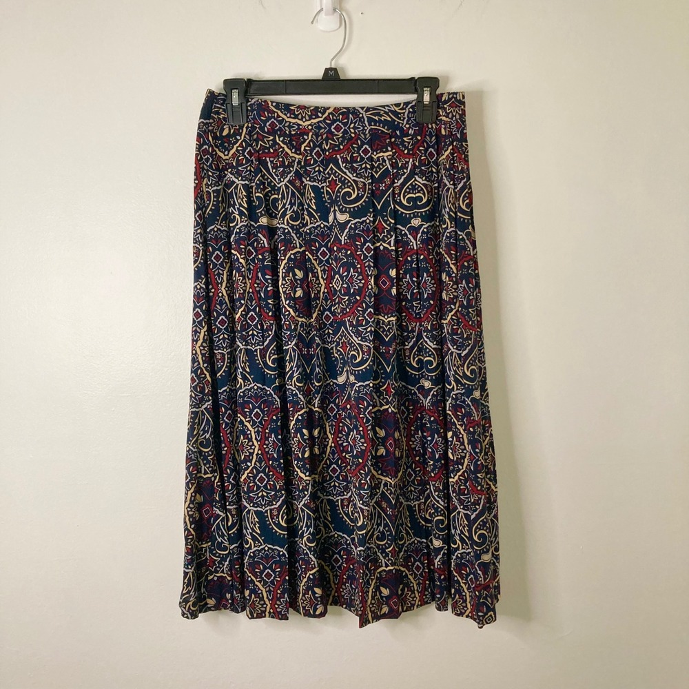 R·Q·T Navy Blue Medallion Paisley Midi Skirt Boho Pockets S Peasant Cottagecore